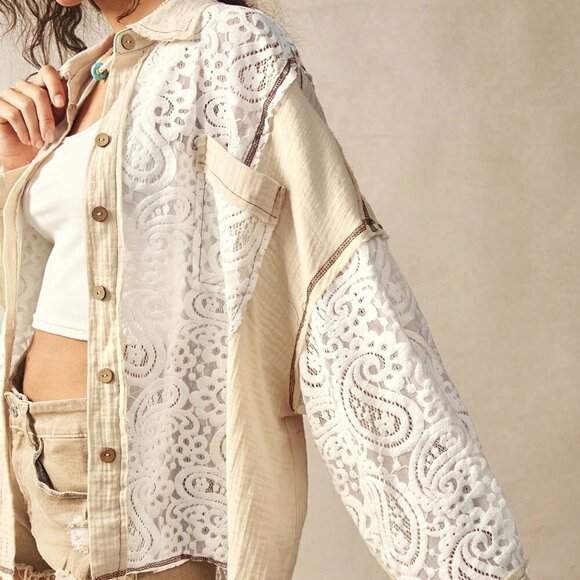 Multicolor Casual Women's Woven Contrast Lace Loose Lapel Front Open Blouse - Picture 7 of 7